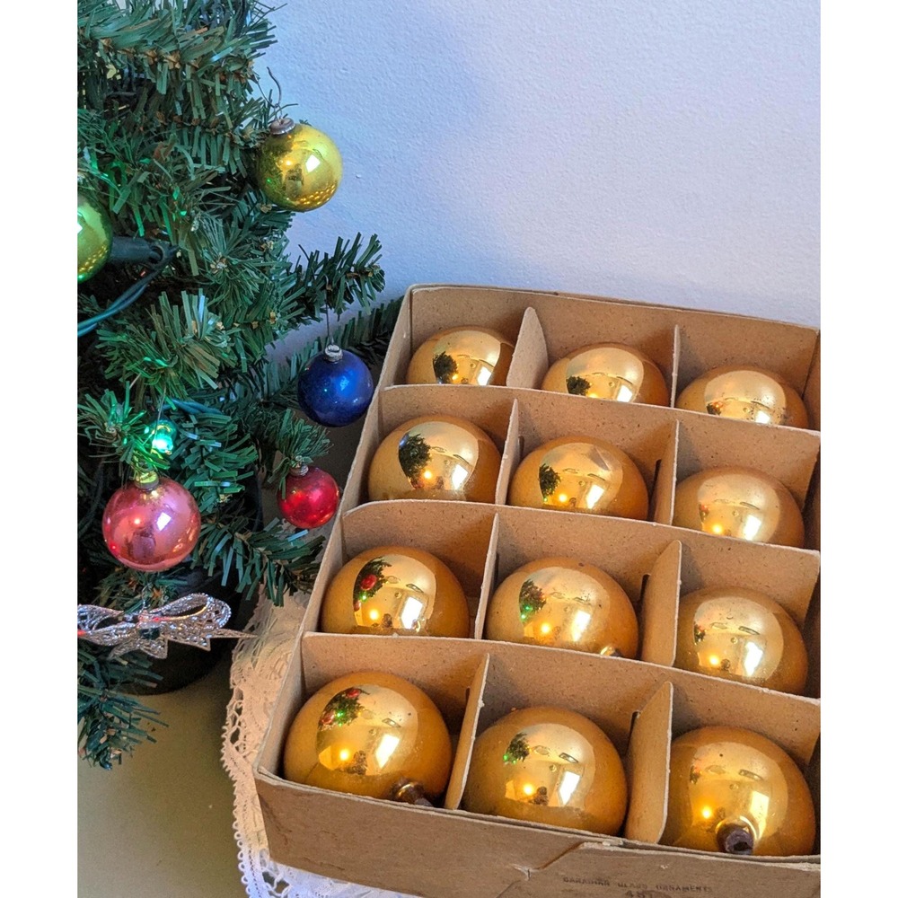Set of‎ 12 Vintage Gold Glass Christmas Ornaments with Original Box